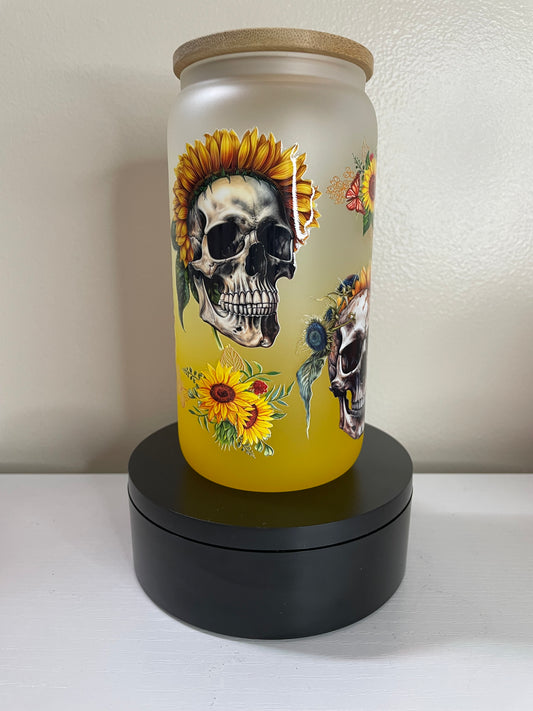Skull/Sunflowers 16oz glass tumbler