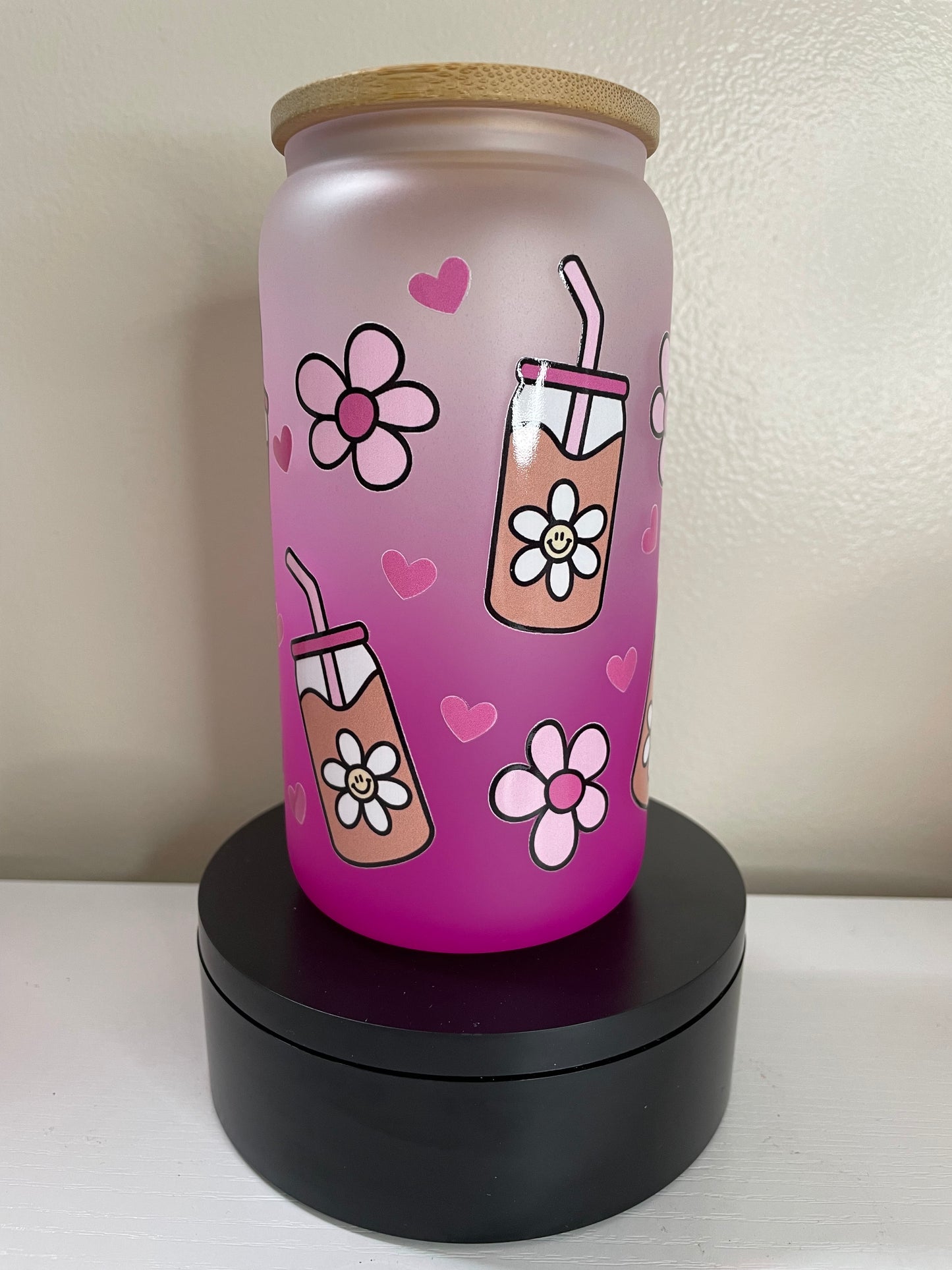 Pink/ Iced Coffee 16oz glass tumbler