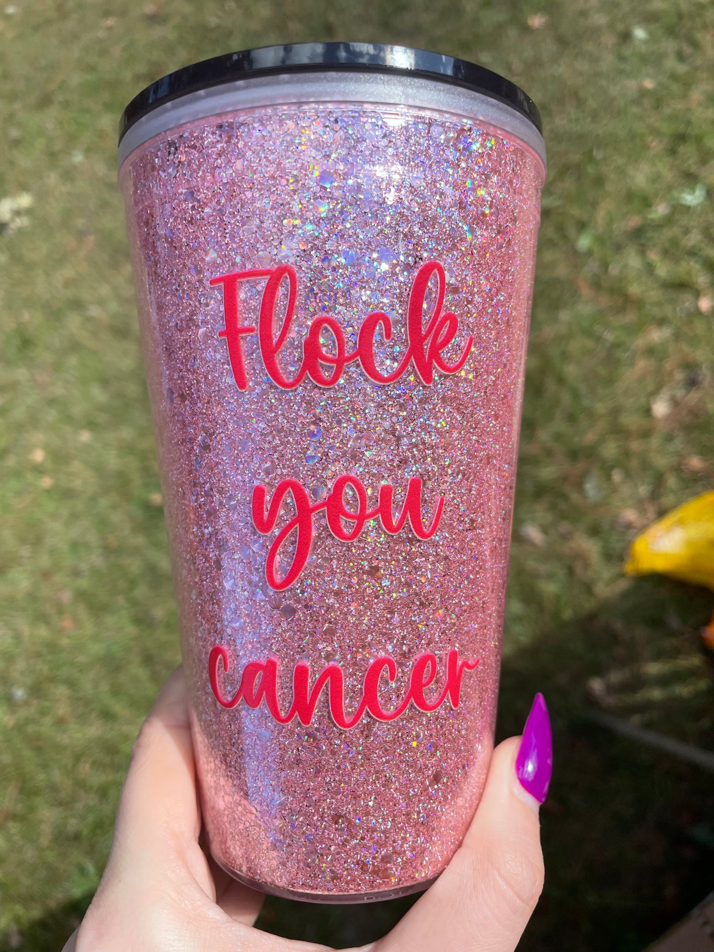Flock you Cancer 16oz Glitterglobe tumbler