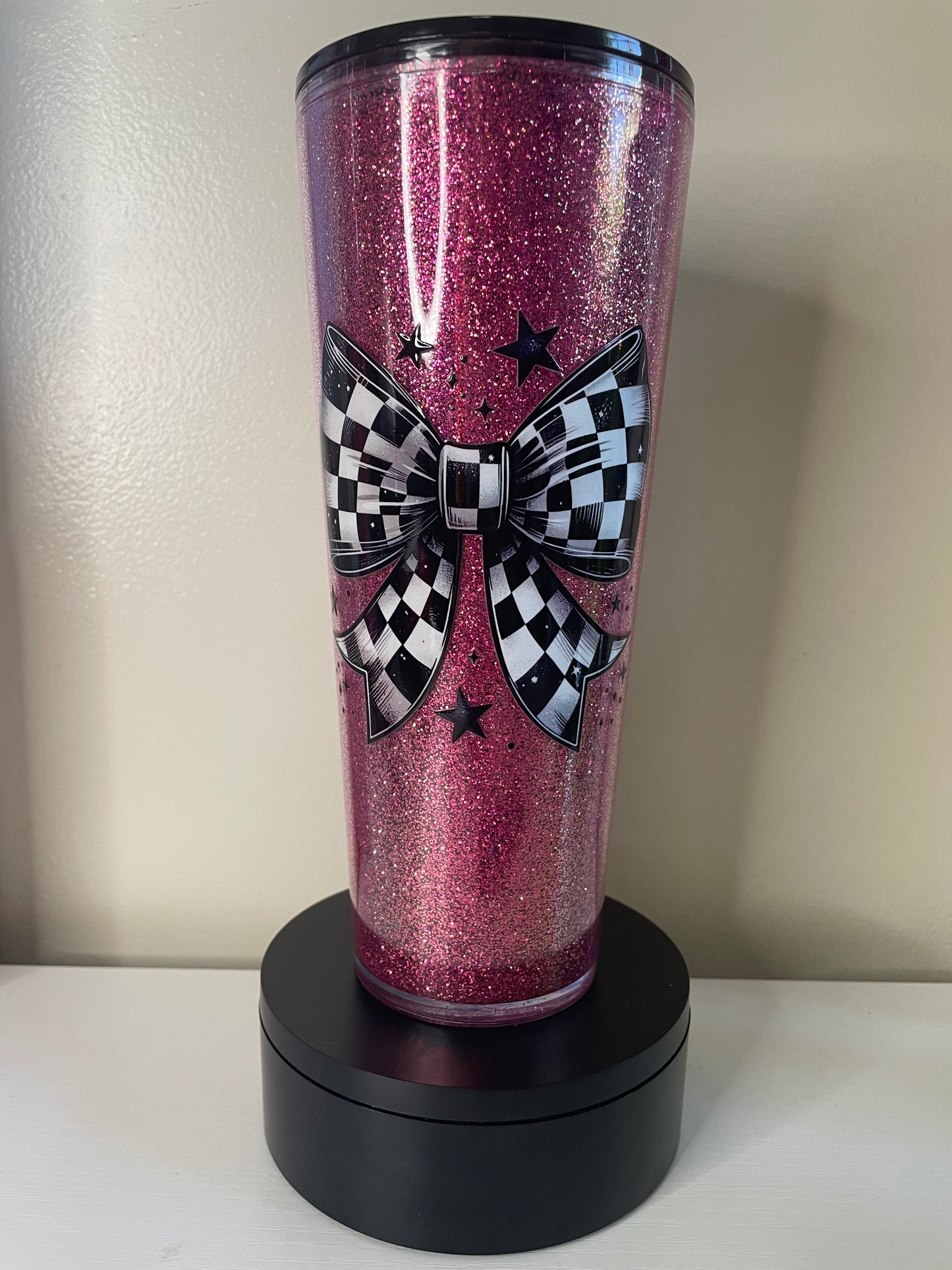 Checkered Bow 24oz Glitterglobe Tumbler