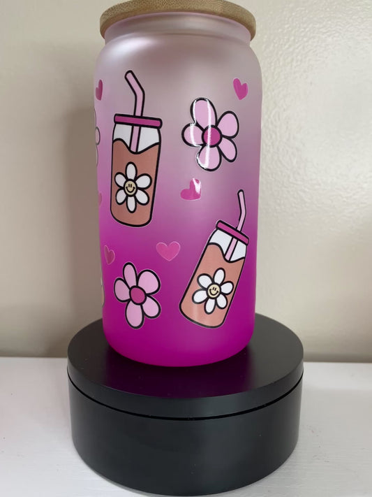 Pink/ Iced Coffee 16oz glass tumbler